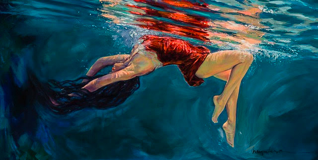 Painting by Irina Negulecu, 'Liquid Love. Woman in red dress floating in water.