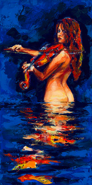 Painting by Irina Negulecu, Moonlight Sonata. Woman playing violin in water with her shadow reflecting over the water.