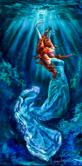 Painting by Irina Negulecu, Sweet Serenity. Woman swimming to the top od water in long blue dress.