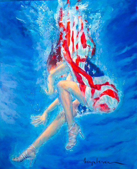 Painting by Irina Negulecu, Water Colors. Woman draped in the American flag underneath water