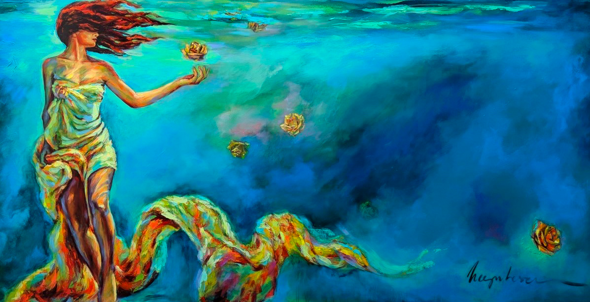 Painting by Irina Negulecu, Water Gypsy. Woman in yellow dress dancing in water.