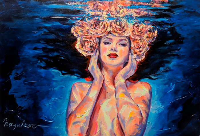Painting by Irina Negulecu, Water Rose. Woman wearing floral crown underneath water