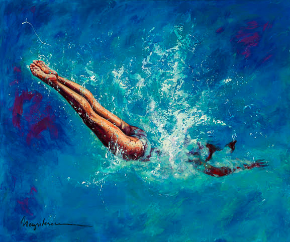 Painting by Irina Negulescu, Water Splash. Woman diving into bright blue water.