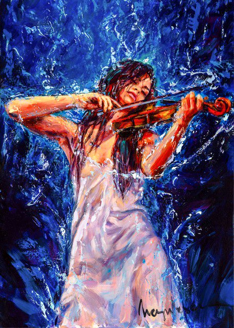 Painting by Irina Negulecu, Wet Music. Woman playing violin in the rain wearing a white dress.