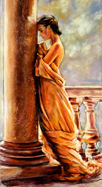 Painting by Irina Negulecu, Beauty with Column. Woman draped in white silks leaning on marble Roman column.