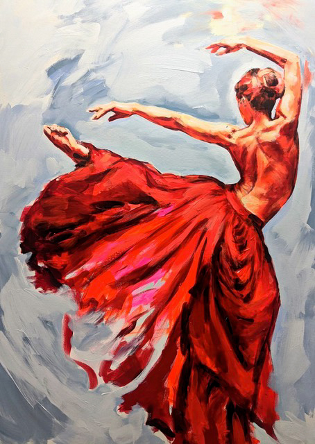 Painting by Irina Negulecu, Billow Dance. Woman dancing in red dress.