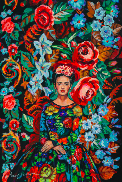 Painting by Irina Negulecu, Frida. Frida with floral dress surrounded by red, orange, yellow, blue and green flowers.