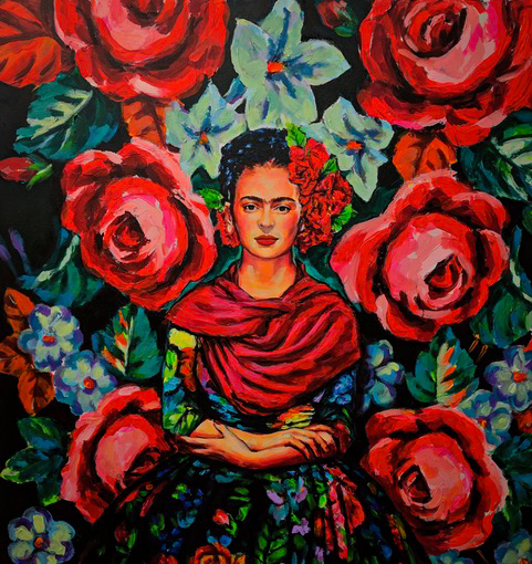 Painting by Irina Negulecu, Frida Red Scarf. Frida with floral dress, red scarf and surrounded by red, orange, yellow, blue and green flowers.