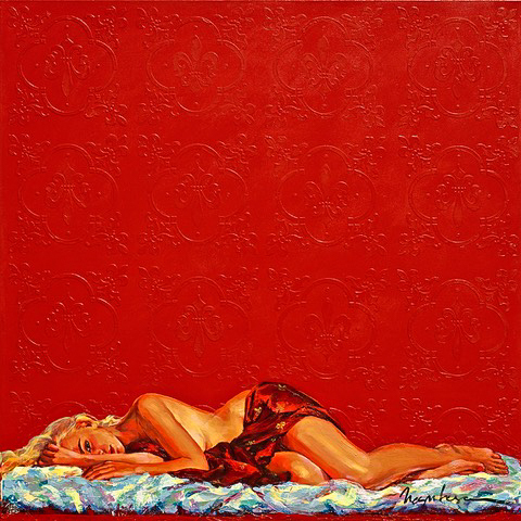 Painting by Irina Negulecu, Reve en Rough. Woman laying on her side with French symbol Fleur de Lis red background.