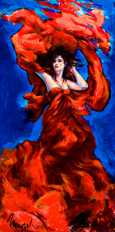 Painting by Irina Negulecu, Scarlet Billow. Woman floating in water wearing a long flowing red dress