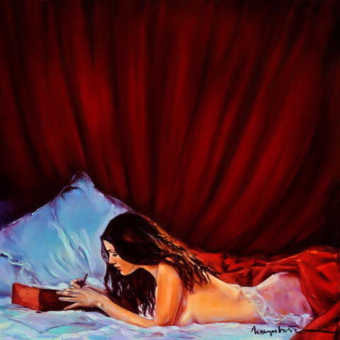 Painting by Irina Negulecu, The Love Letter. Woman laying on red silk bed writing a love letter.