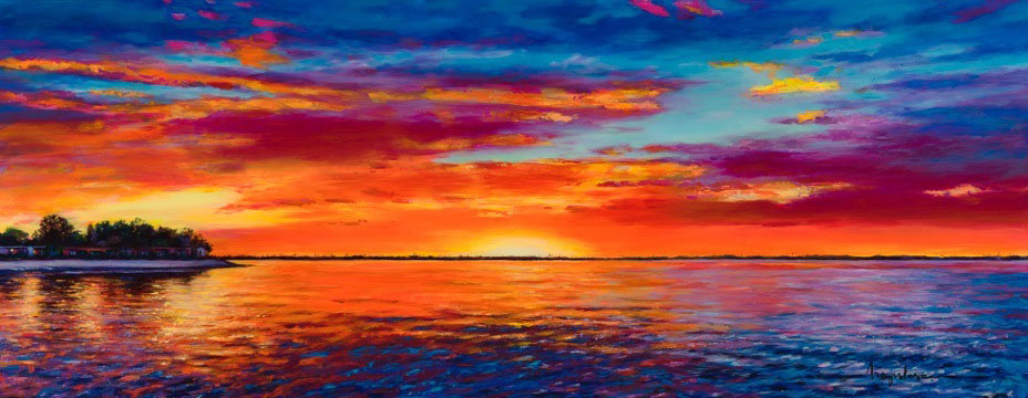 Painting by Irina Negulecu, A Point In Paradise. San Diego Bay at sunset.