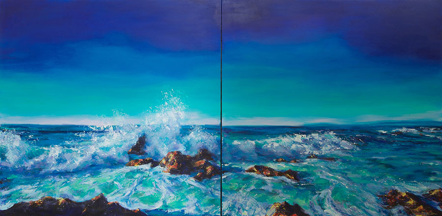 Painting by Irina Negulecu, Rocky Pulse. Ocean waves crashing against large rocks.