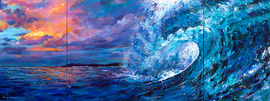 Painting by Irina Negulecu, Sunset Wave. Sunset and the ocean.