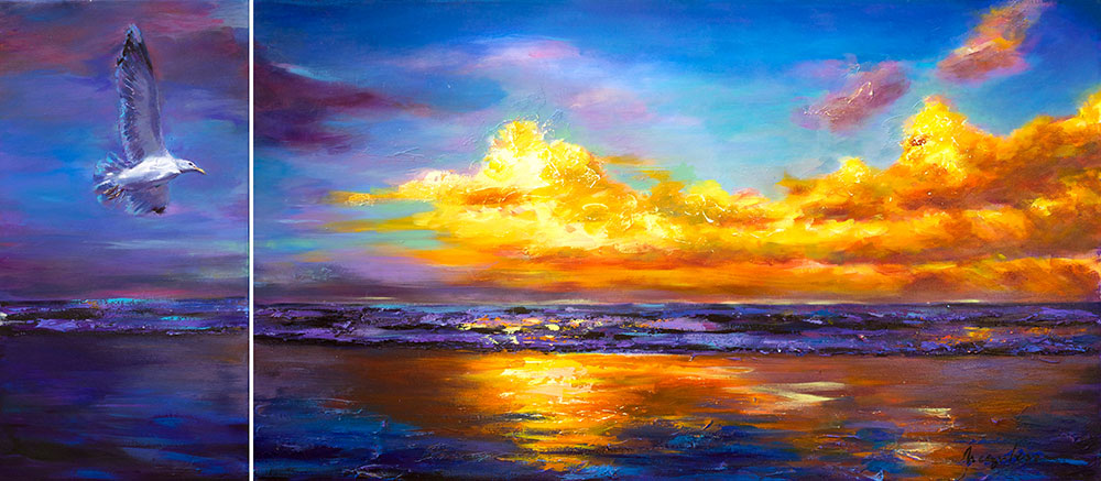 Painting by Irina Negulecu, Sunset With Seagull.