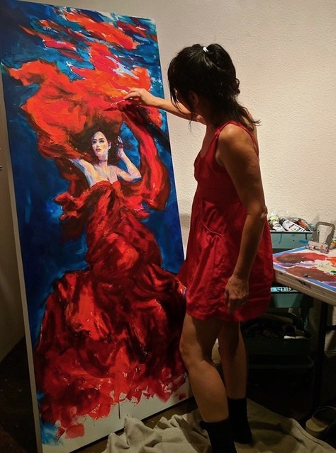 Irina Negulescu painting Scarlet Billow, Acrylic Painting on Canvas